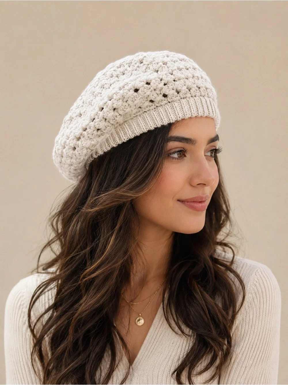 Accessorize wool angora rabbit hair blend Cream Crochet Knit Beret OS